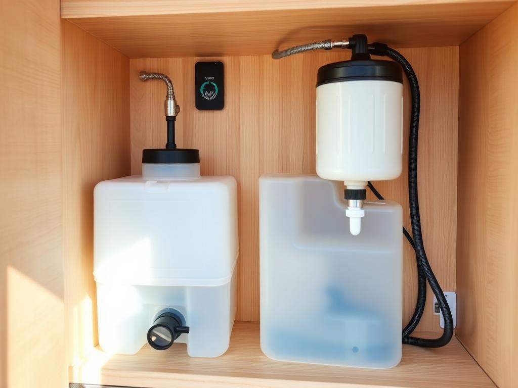 Depósito de agua y bomba de 12V instalados en un mueble de camper