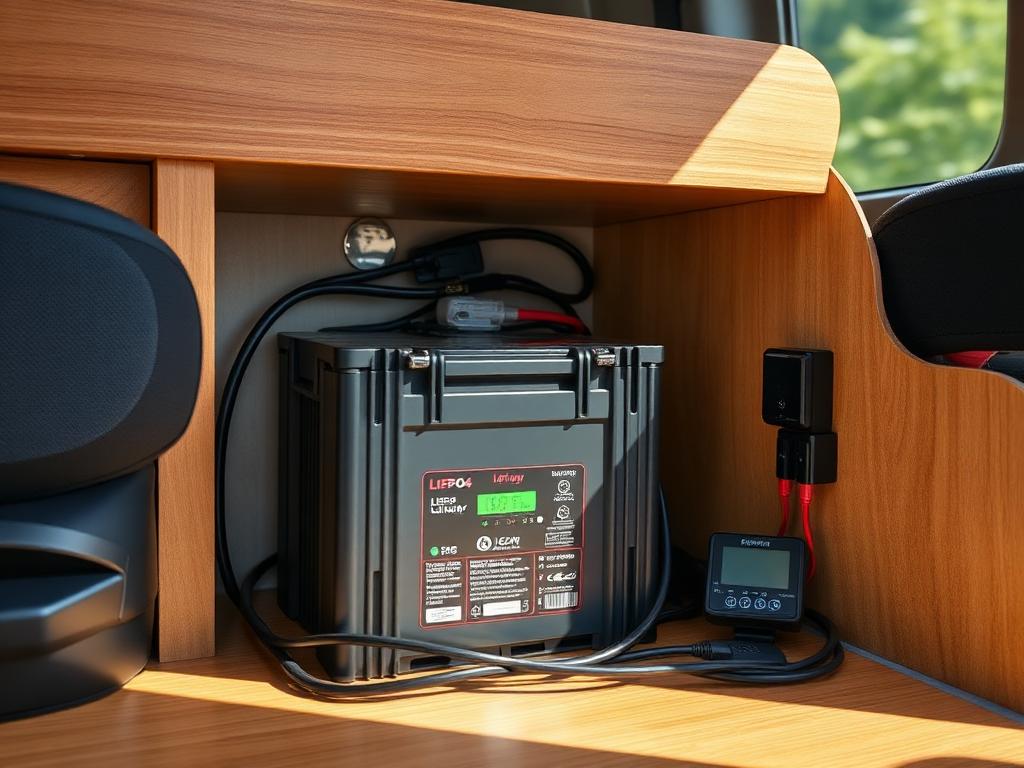 Batería de litio LiFePO4 auxiliar instalada bajo el asiento de una camper