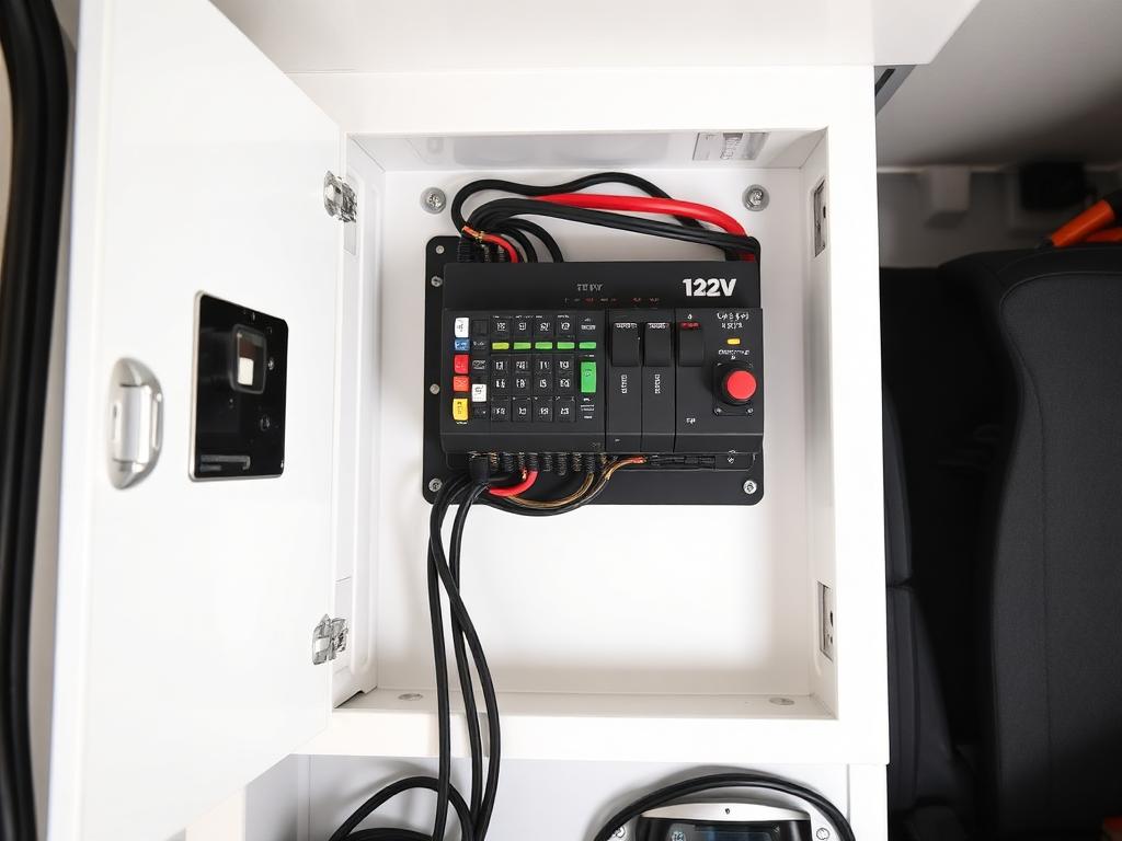 Instalación eléctrica de 12V con inversor y fusibles en una camper
