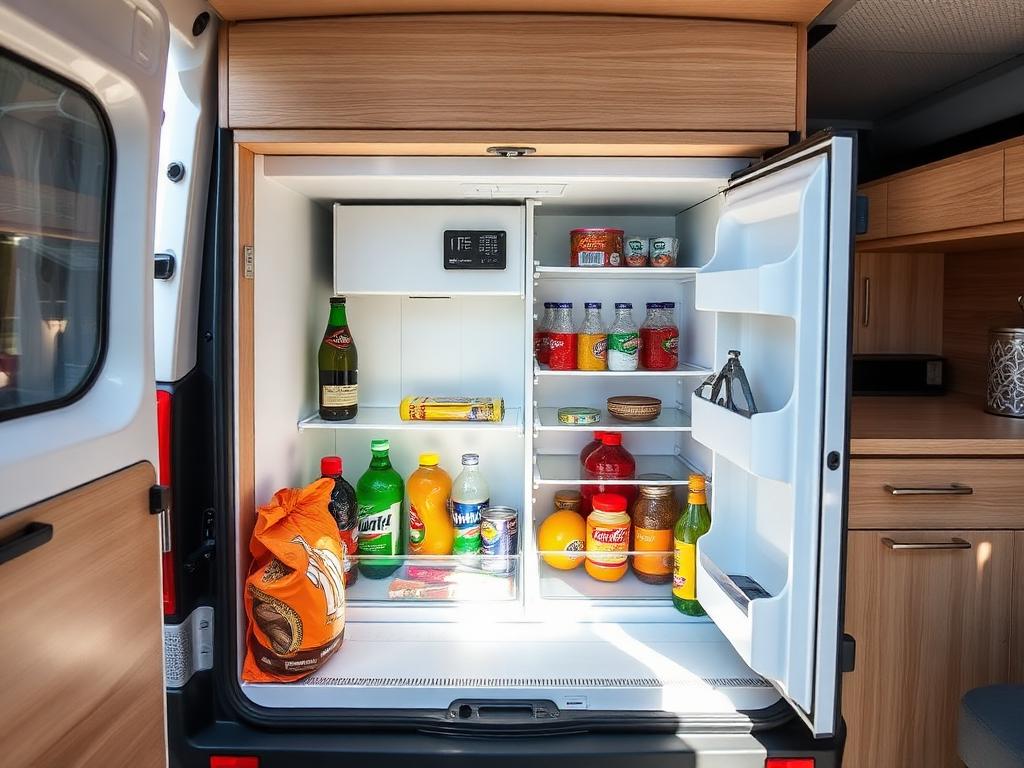 Nevera de compresor integrada en el mueble de una camper
