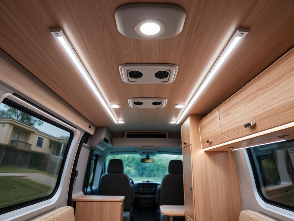 Iluminación LED cálida en el interior de una camper de noche